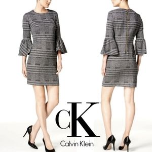 Calvin Klein Plaid Tweed Bell Sleeve Knit Dress